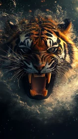 Roaring tiger portrait bursting through cinematic water splash.
