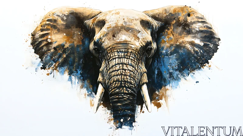 Elephant portrait explodes in blue and ochre watercolor splashes