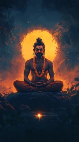 Meditating ascetic sits before glowing halo and reflection