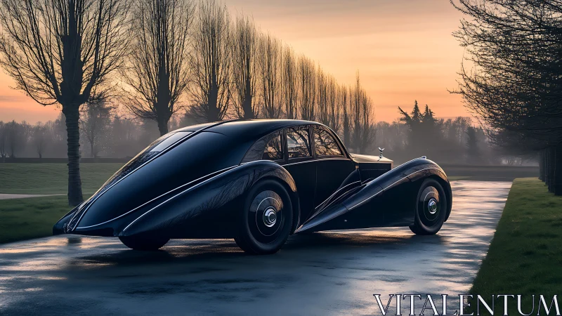 Streamlined black classic coupe parked on wet driveway at dawn