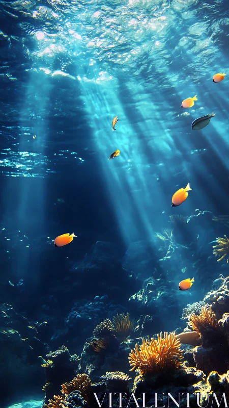Sunlit coral garden with playful orange reef fish drifting softly.