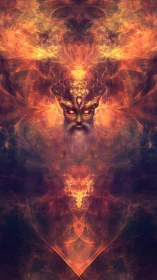 Symmetrical fiery deity portrait rendered in fractal nebula haze