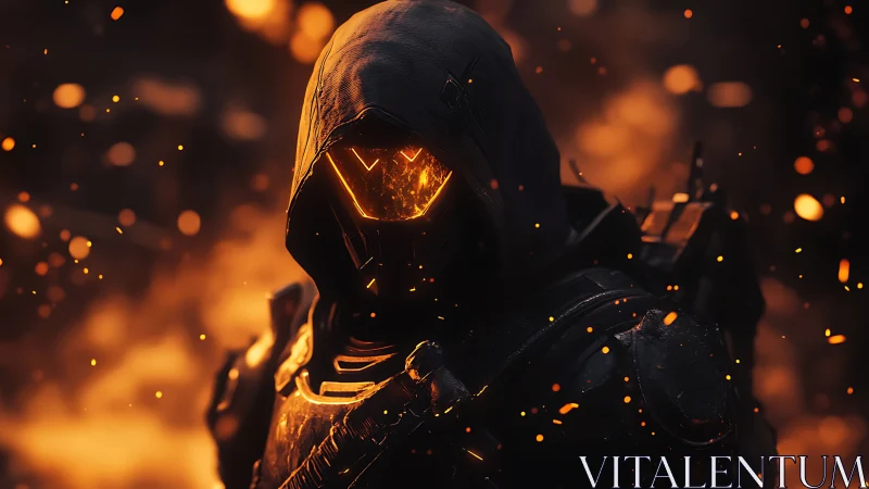 Hooded cyber warrior burns through a storm of glowing embers