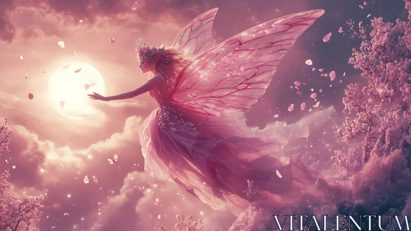 Moonlit blossom fairy gliding through rose-tinted clouds.