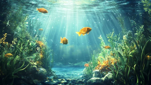 Sunlit goldfish drift through a secret underwater garden.