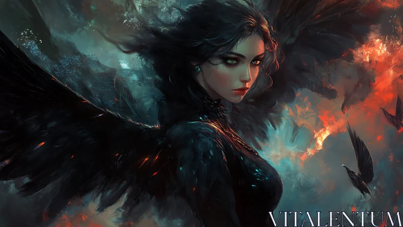 Dark-winged guardian with fiery skies and an intense gaze.