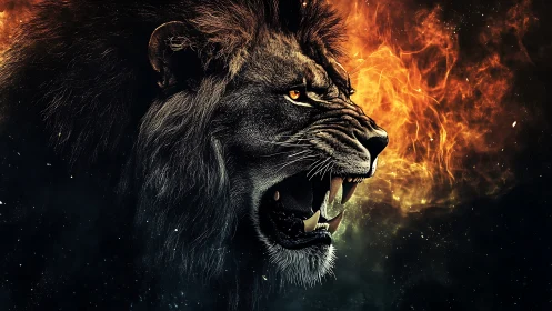 Roaring lion profile with fiery bokeh plasma background blend
