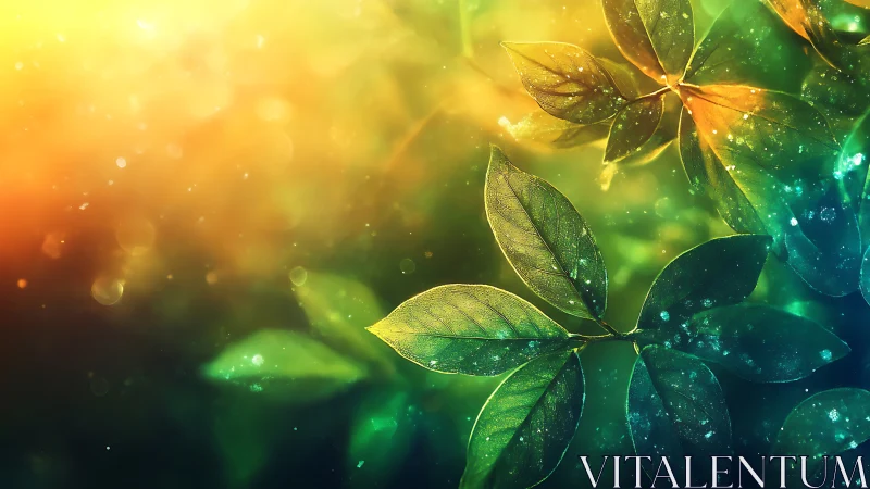 Backlit leaves glow through golden bokeh and teal haze