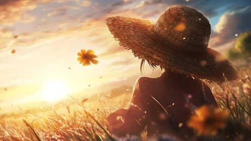 Sunlit figure in straw hat observing glowing wheat horizon.