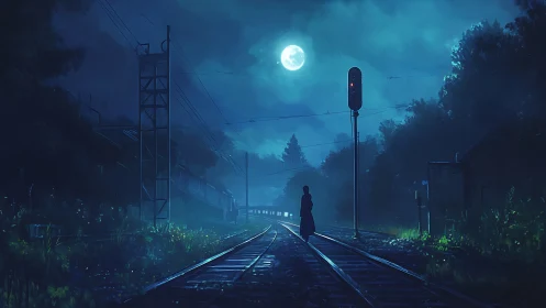 Lunar-illuminated rail corridor with solitary human silhouette.