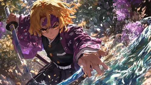 Dynamic katana lunge with hydrodynamic slash effect illustration.