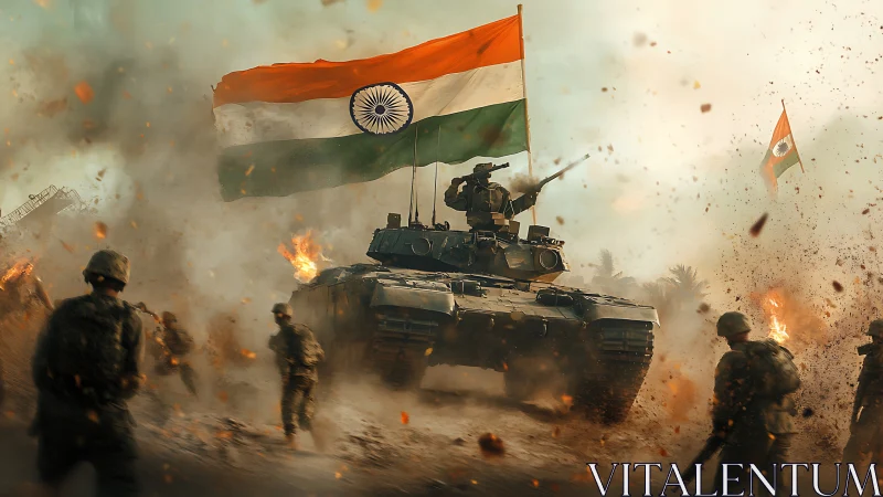 Photoreal military tank charge under Indian tricolour flag.