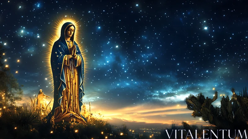 Luminous robed figure under star-saturated celestial panorama.