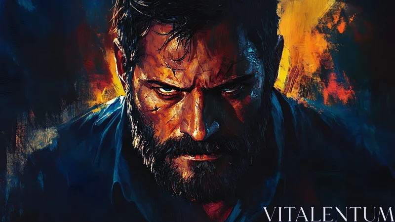 Brooding bearded man in fiery chiaroscuro digital portrait.