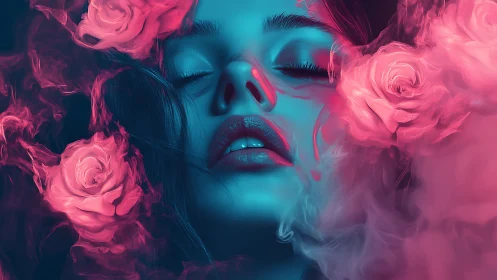 Female face with roses amid blue and magenta vapor.