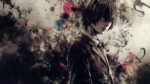 Brooding anime boy amid chaotic ink splatter abstraction.