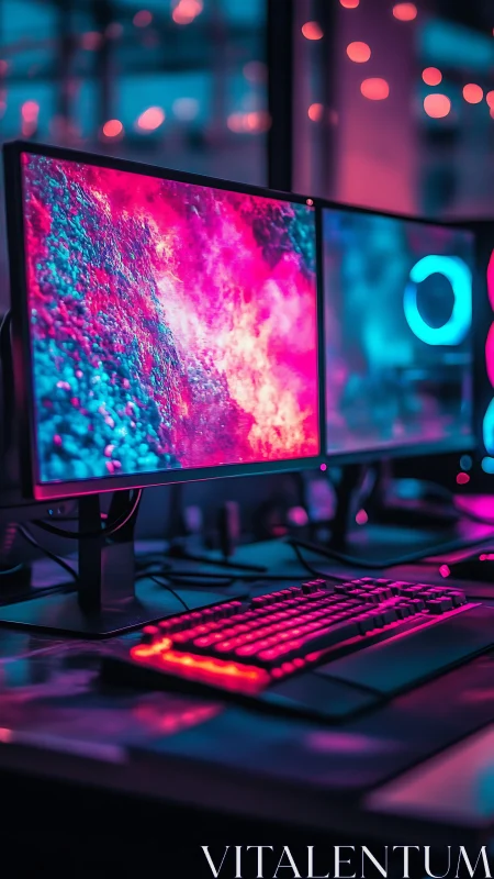 RGB gaming setup glows in neon pink and cyan ambience