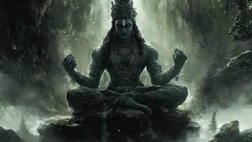 Forest-born meditating deity in storm-kissed emerald stillness.