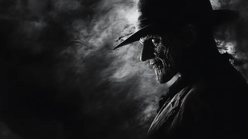 Shadow-worn gunslinger profile carved from smoke and night.