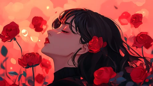 Young dreamer resting softly among glowing red roses.