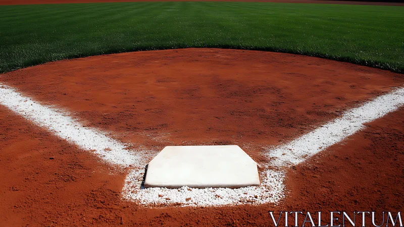 Home plate close-up on groomed infield with white baselines.