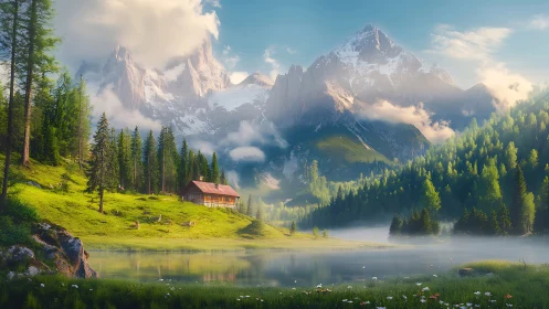 Lakeside alpine chalet beneath misted jagged snow peaks