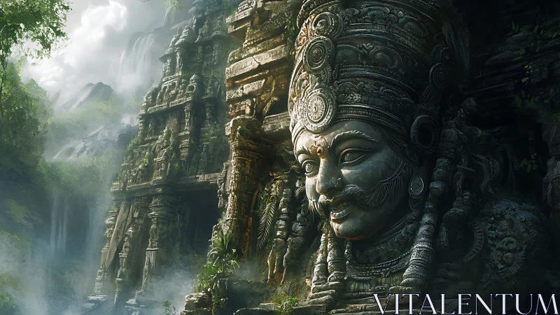 Colossal jungle deity watches over misty temple valley.