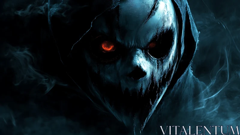 Hooded spectral skull with molten red eye in cyan smoke.