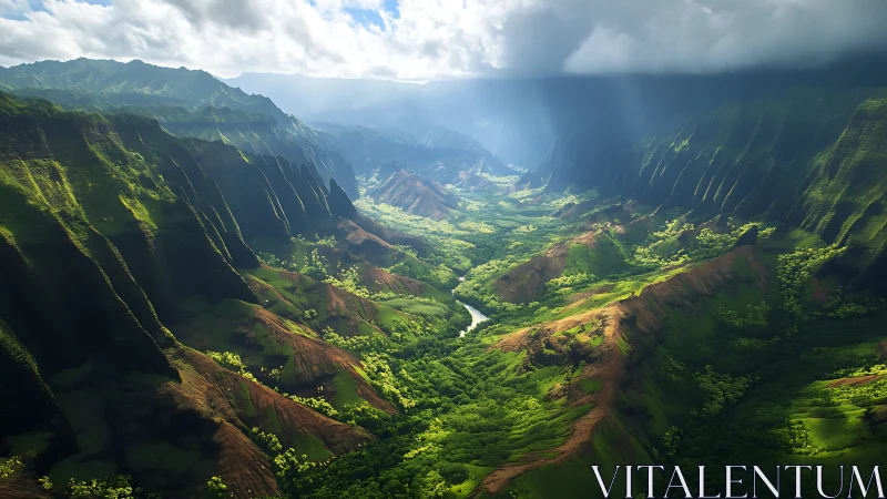 Sunlit tropical valley with steep green mountain ridges.
