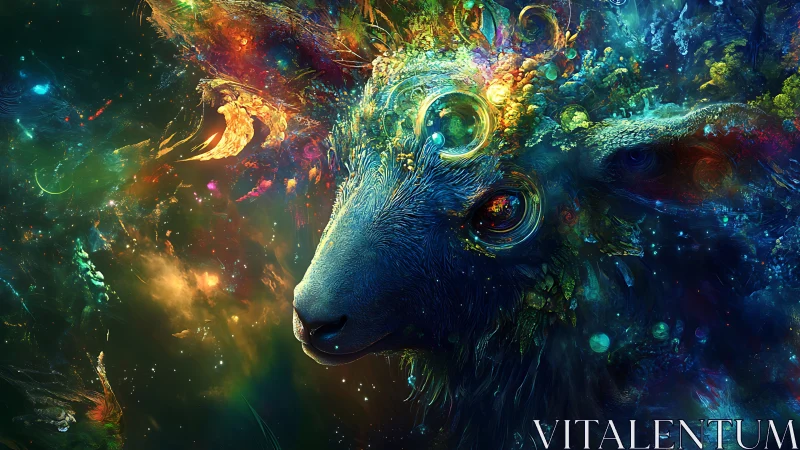 Cosmic ovine portrait with abstract luminous nebulae.