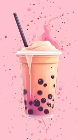 Pink background digital illustration of bubble tea drink.