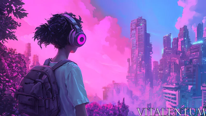 Neon skyline draped in pink haze and lone headphone wanderer.