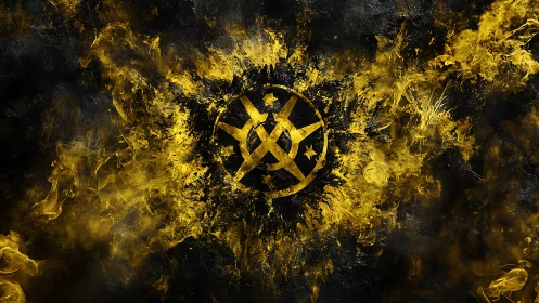 Golden abstract emblem erupts in a dramatic cosmic blaze