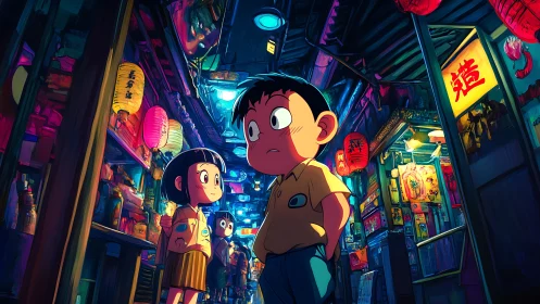 Anime kids explore neon alley under glowing lanterns.