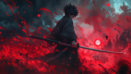 Lone anime swordsman confronts a burning crimson battlefield