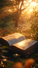 Large open book resting on forest floor in warm sunlight.