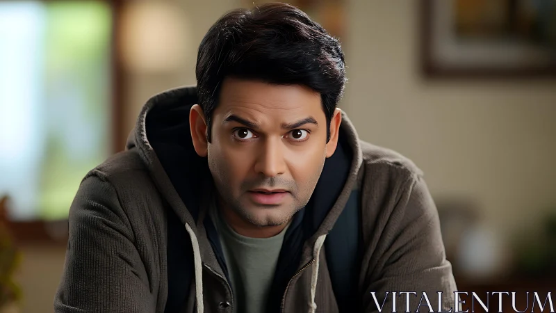 Curious young man caught in a moment of surprise at home.