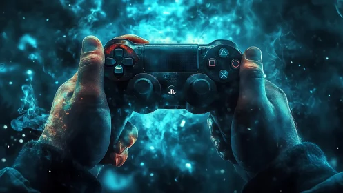Starlit gamer hands cradle a cosmic blue controller blaze.
