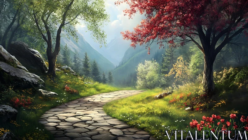 Digital painting of a luminous mountain forest path composition.