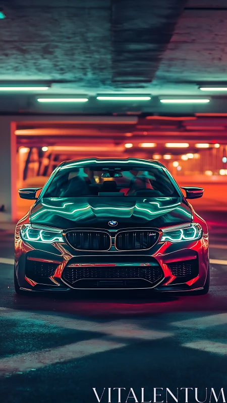 Neon-lit BMW sports sedan glows confidently in urban night