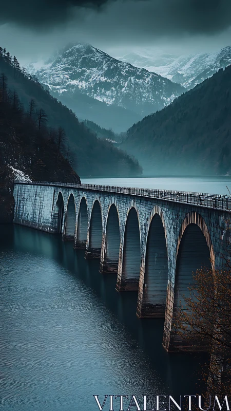 Stone arch viaduct spans teal alpine lake beneath storm clouds.