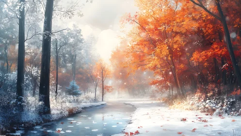 Frozen Forest Stream with Autumn Trees.