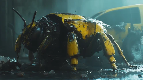 Majestic robotic wasp pauses in a moody urban rainstorm