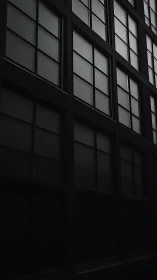Minimalist dark facade with grid window geometry in shadowed relief.