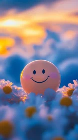 Smiling pastel sphere rests softly among glowing daisies