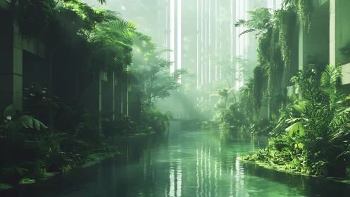 Serene Waterway Through a Lush Green Urban Garden