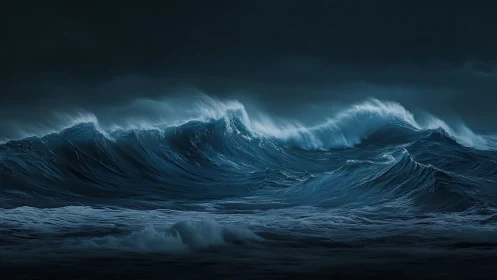 Dark open sea with large wind-driven surface waves at night.