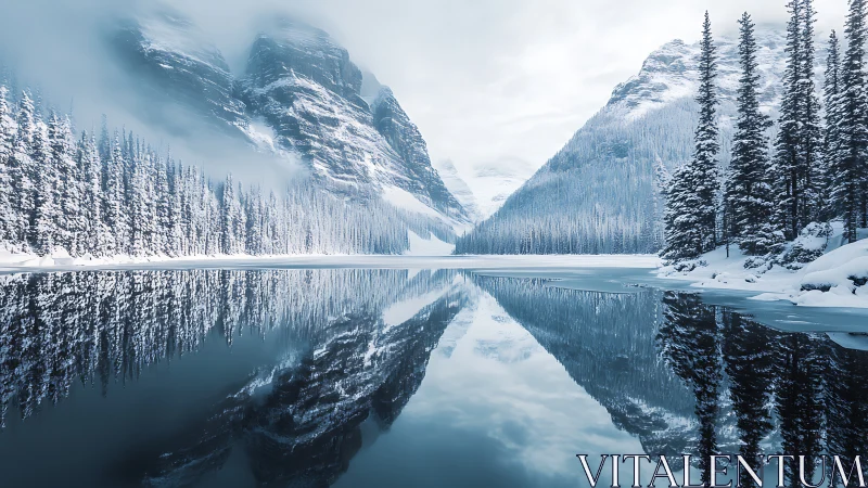 Snowbound alpine lake mirroring conifer forest and peaks.