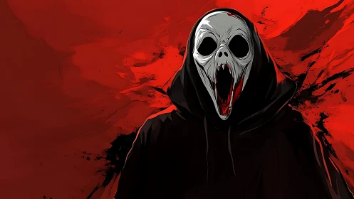 Hooded scream spirit howls against a splintered red storm