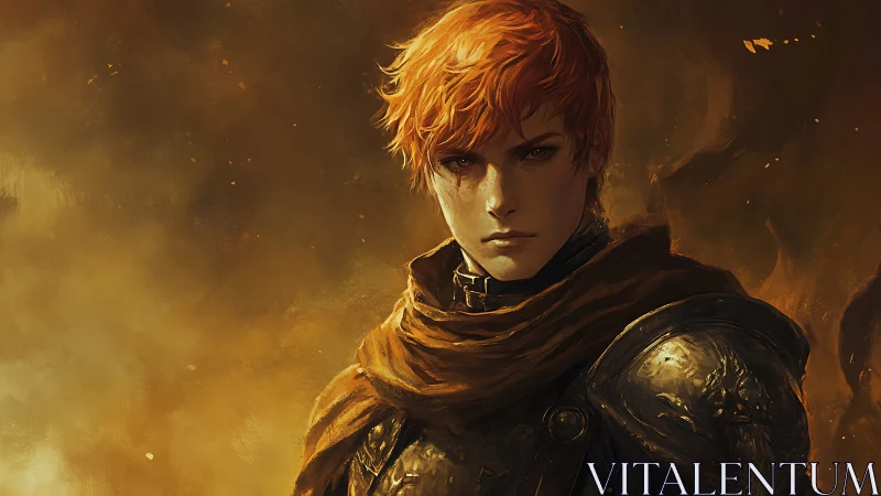 Ember-lit young warrior in scorched armor and ochre cloak